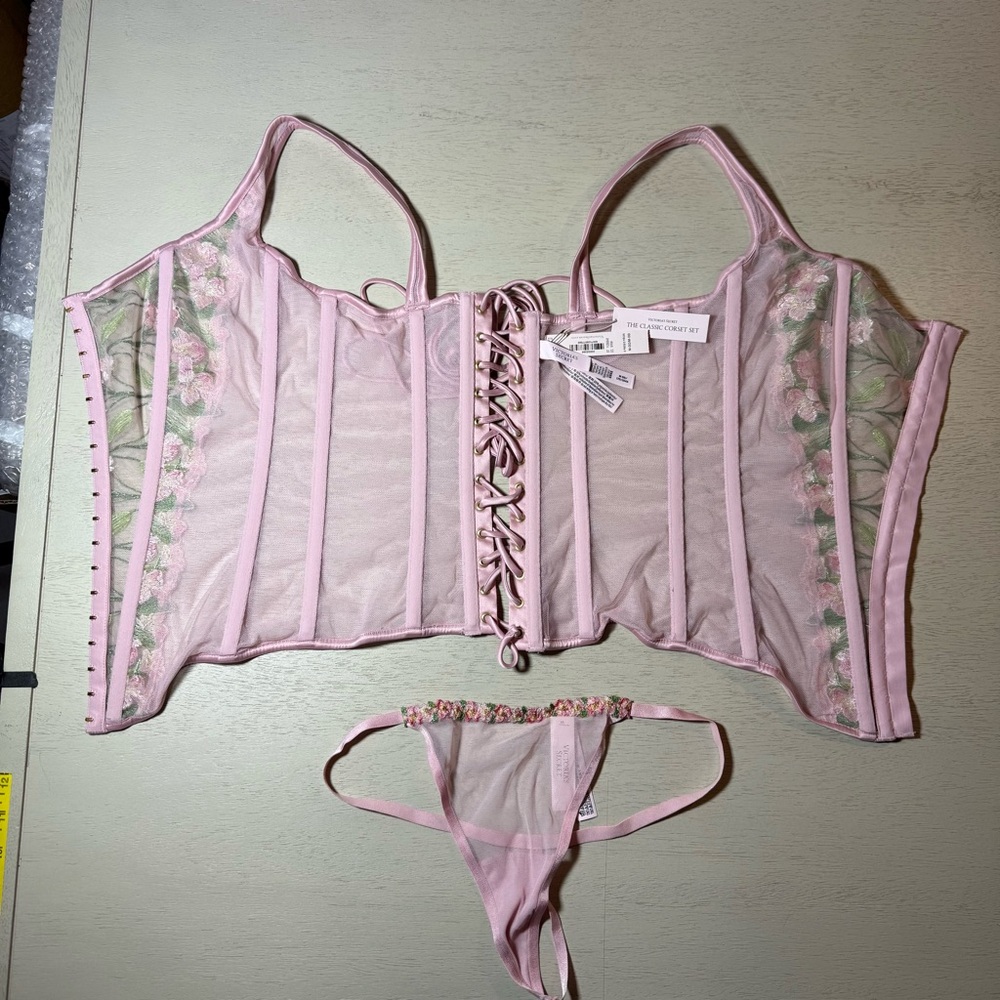 NWT Victoria's Secret Pink Lily Embroidered Corset G String 2 piece Set, Med DD - Picture 8 of 16